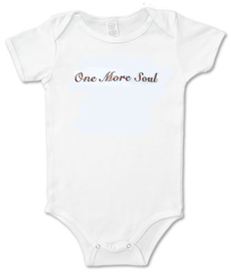 "One More Soul" baby onesie in white, size 12 mos.
Embroidered in rainbow thread.